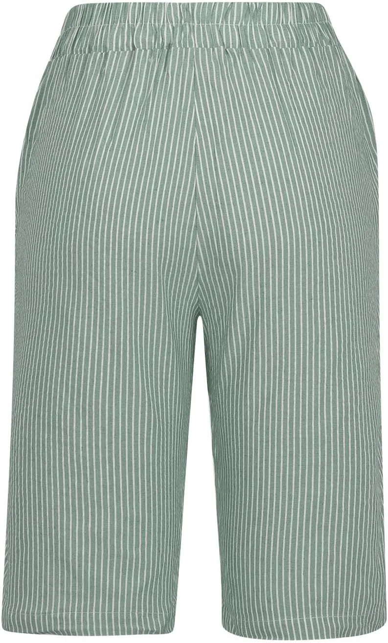 Linen Pants Women Capri Elastic Waist Cropped Trousers with Pockets Casual Summer Capri Pants Ladies Hiking Capris