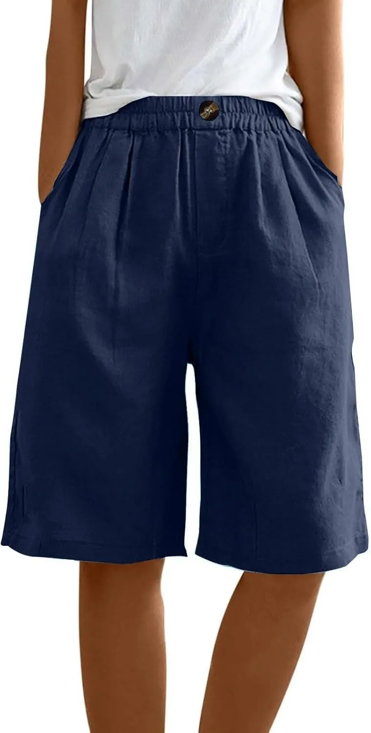Linen Shorts for Women 2025 Summer Casual Wide Leg Pants Drawstring High Waist Bermuda Pants with Pockets Casual Beach Shorts