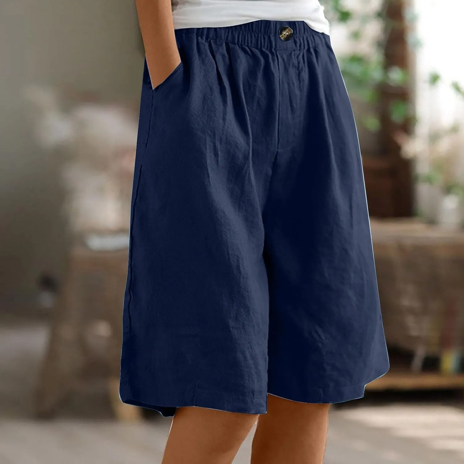 Linen Shorts for Women 2025 Summer Casual Wide Leg Pants Drawstring High Waist Bermuda Pants with Pockets Casual Beach Shorts