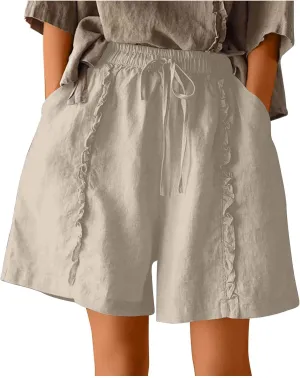 Linen Shorts for Women Casual Wide Leg Short Pants Summer Drawstring Beach Trouser High Waisted Lounge Pant