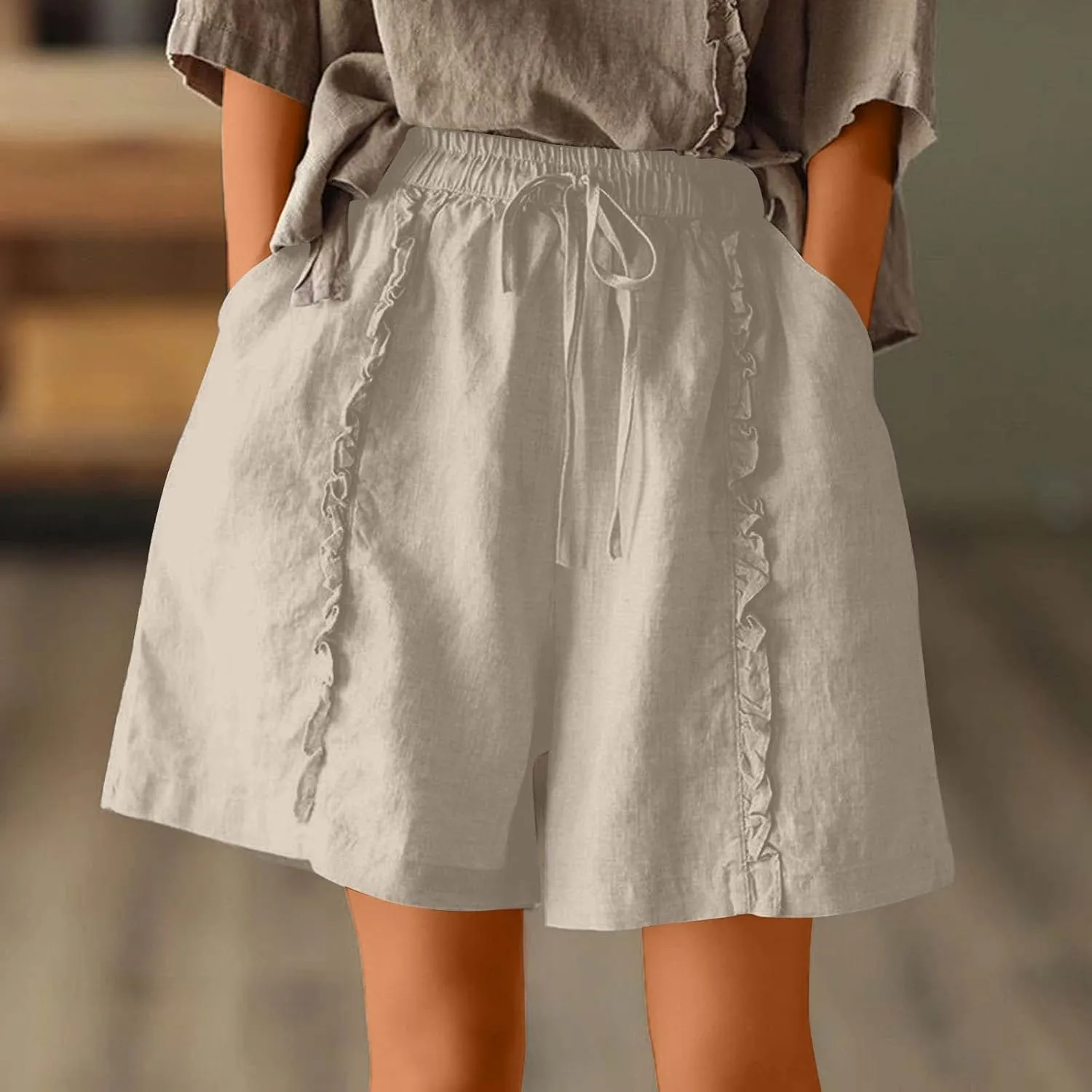 Linen Shorts for Women Casual Wide Leg Short Pants Summer Drawstring Beach Trouser High Waisted Lounge Pant