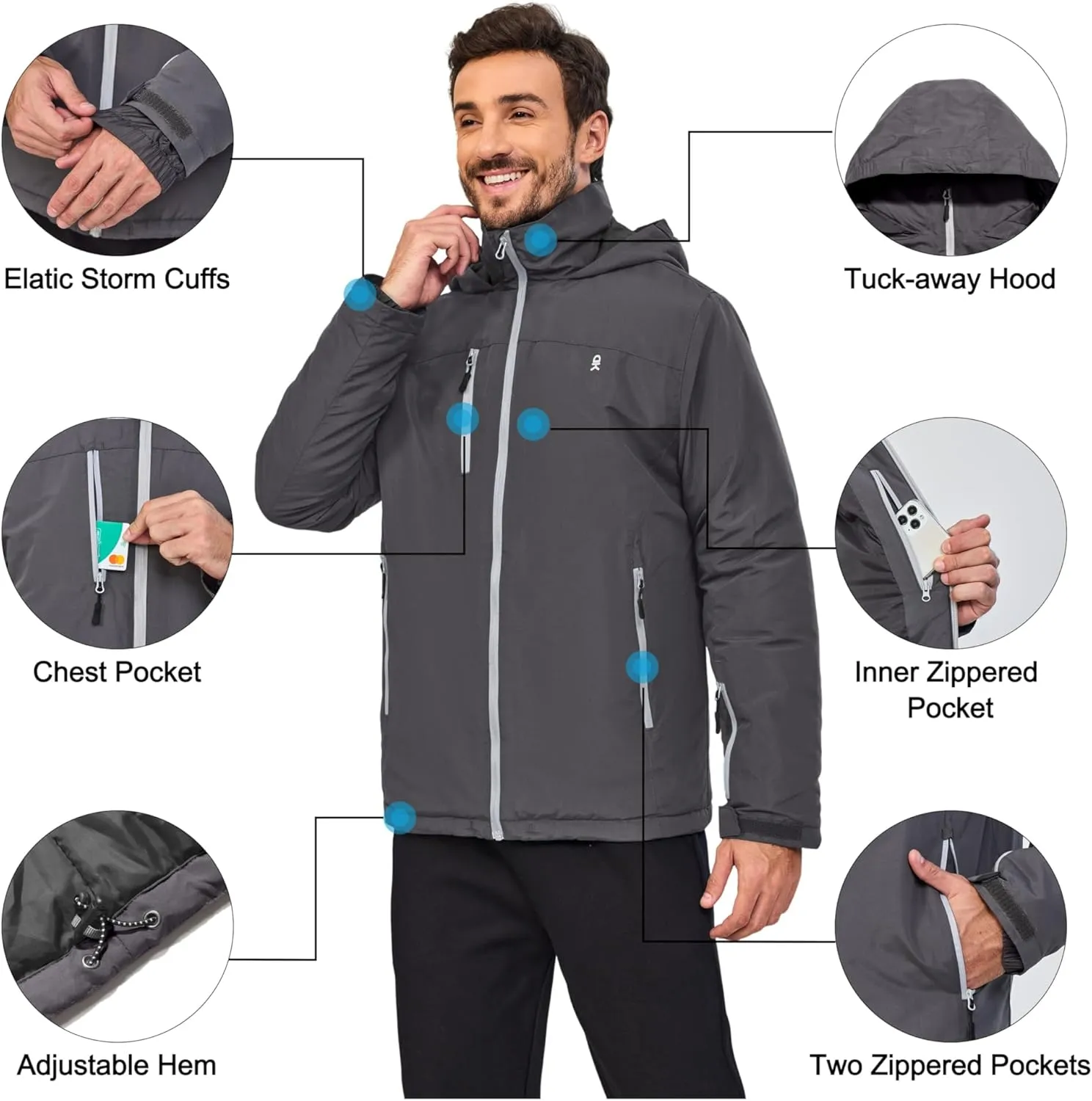 Little Donkey Andy Men's Lightweight Winter Jacket Hooded Windproof Warm Insulated Jacket for Ski Hiking