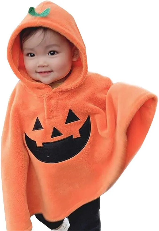 Little Kids Halloween Cloak, Pumpkin Hoodie Buttons Patchwork Loose Sweater Fleece Cloak Cape Outftis