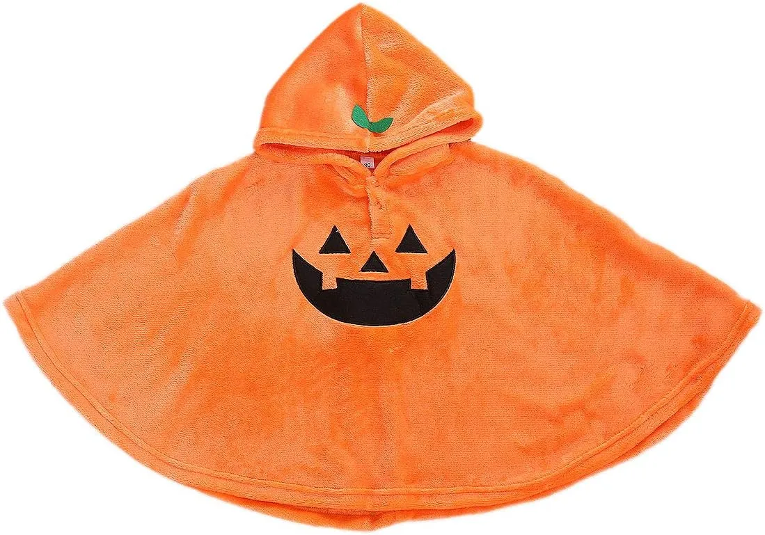 Little Kids Halloween Cloak, Pumpkin Hoodie Buttons Patchwork Loose Sweater Fleece Cloak Cape Outftis