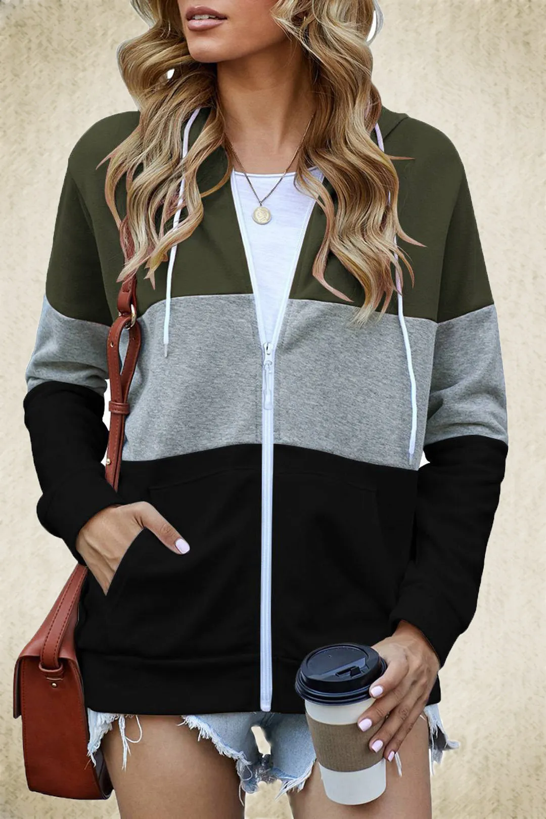 Long Sleeve Color Hooded Sweatshirt Women's Cotton Blend Zipper Pocket Cardigan Jacket