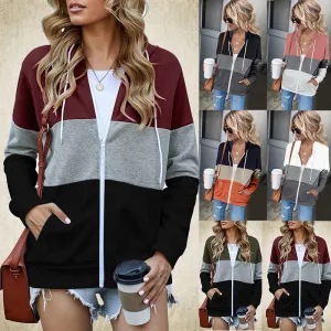 Long Sleeve Color Hooded Sweatshirt Women's Cotton Blend Zipper Pocket Cardigan Jacket