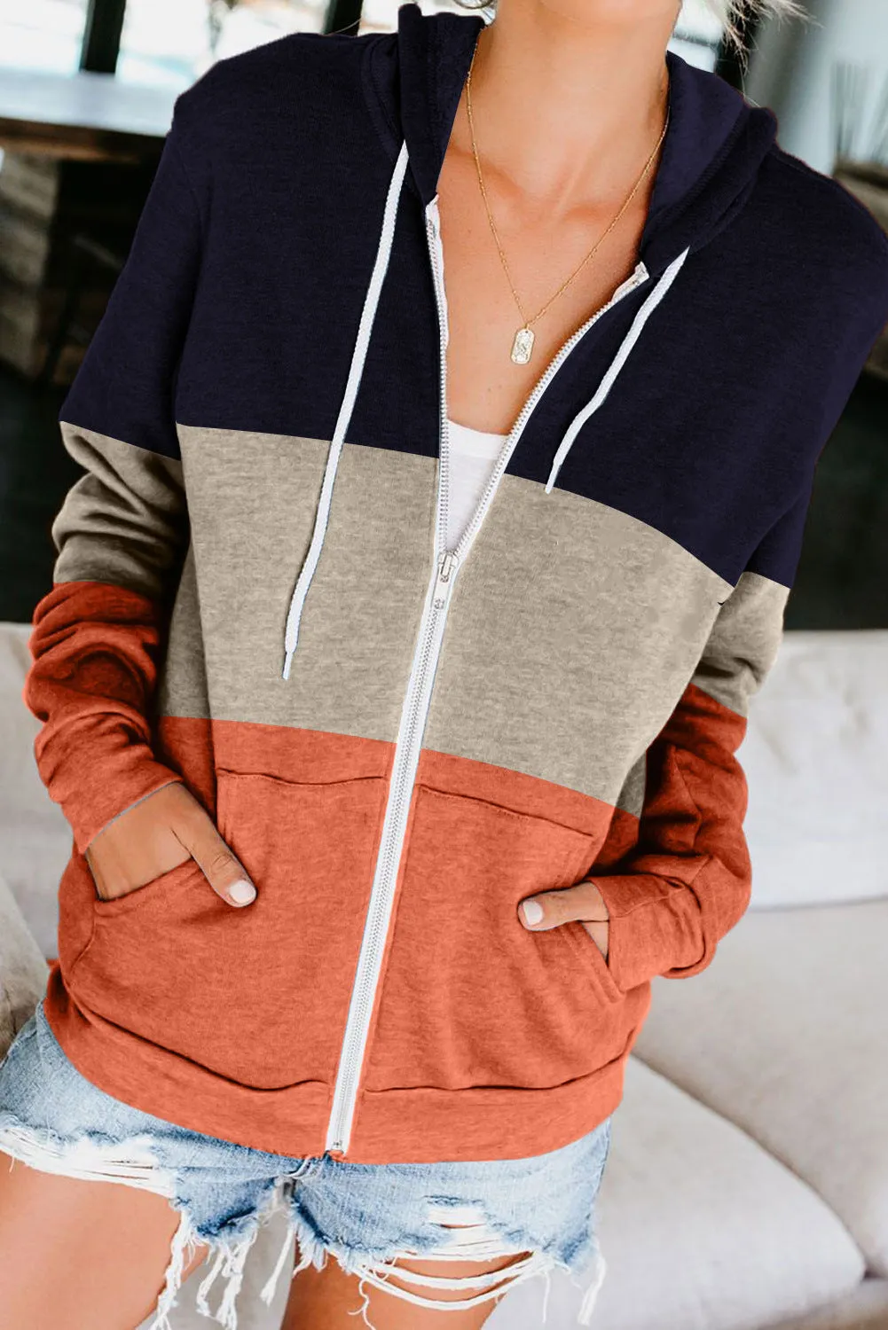 Long Sleeve Color Hooded Sweatshirt Women's Cotton Blend Zipper Pocket Cardigan Jacket