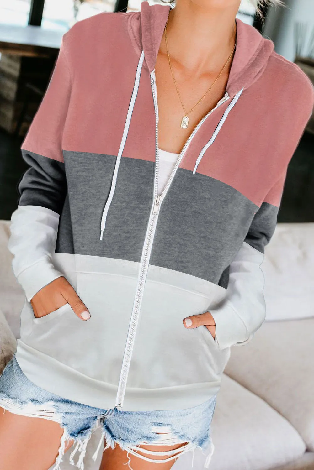Long Sleeve Color Hooded Sweatshirt Women's Cotton Blend Zipper Pocket Cardigan Jacket