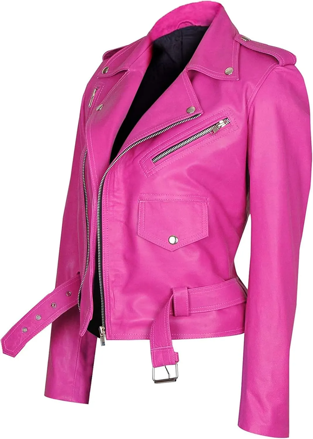 LP-FACON Womens Hot Pink Lambskin Real Leather Jacket - Motorcycle Style Brando Biker Genuine Leather Jacket