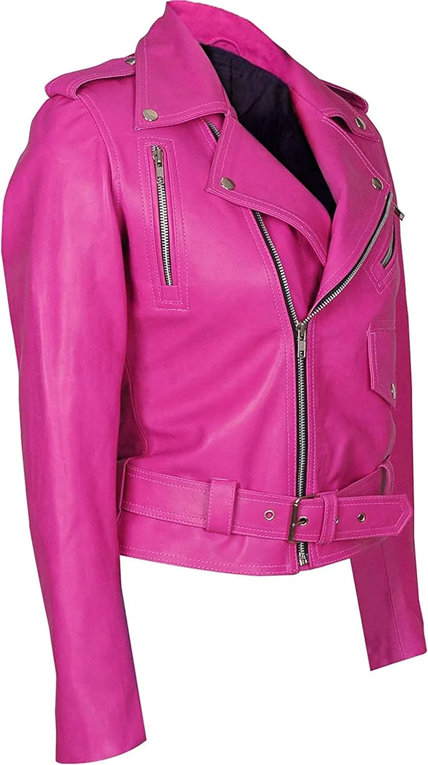 LP-FACON Womens Hot Pink Lambskin Real Leather Jacket - Motorcycle Style Brando Biker Genuine Leather Jacket