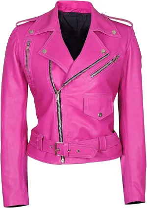 LP-FACON Womens Hot Pink Lambskin Real Leather Jacket - Motorcycle Style Brando Biker Genuine Leather Jacket