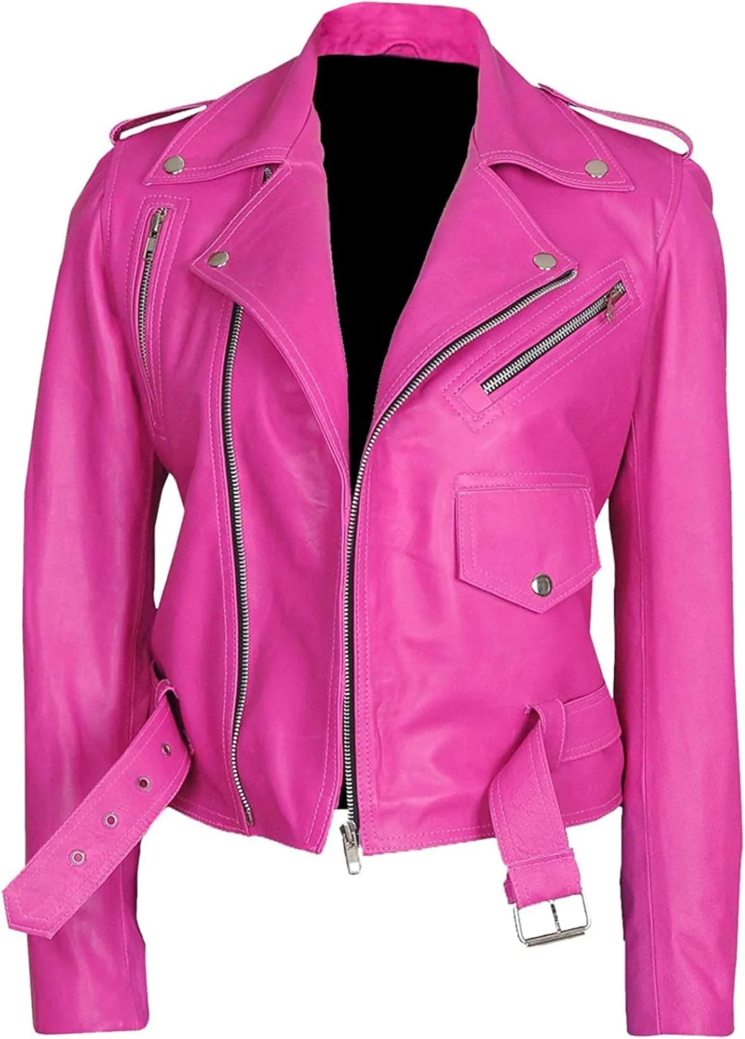 LP-FACON Womens Hot Pink Lambskin Real Leather Jacket - Motorcycle Style Brando Biker Genuine Leather Jacket