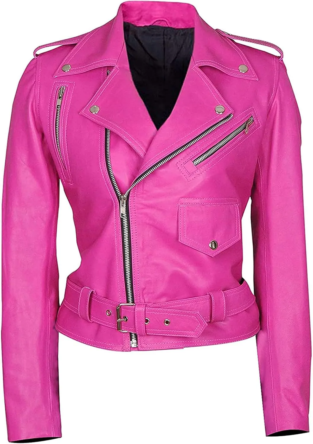 LP-FACON Womens Hot Pink Lambskin Real Leather Jacket - Motorcycle Style Brando Biker Genuine Leather Jacket