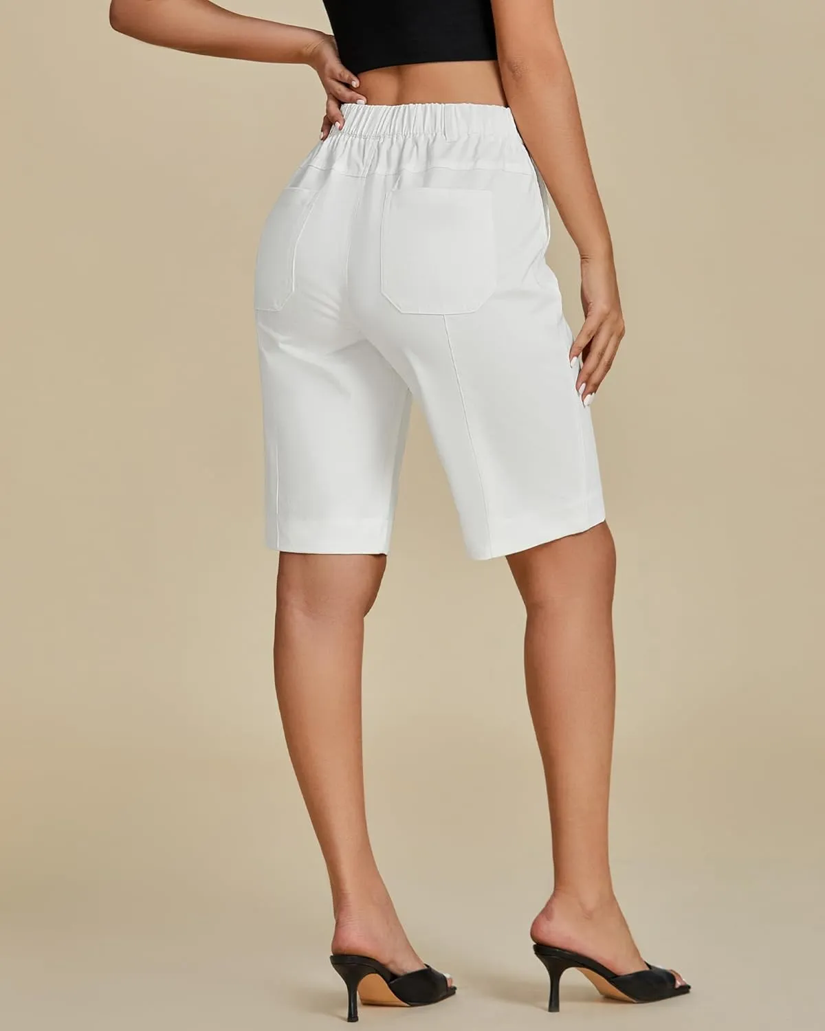 luvamia Bermuda Shorts for Women Knee Length High Waisted Cotton Elastic Wasit Summer Dressy Casual Long Chino Shorts
