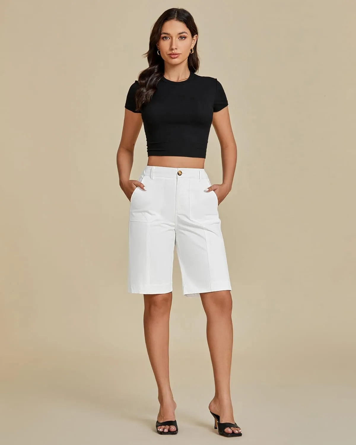 luvamia Bermuda Shorts for Women Knee Length High Waisted Cotton Elastic Wasit Summer Dressy Casual Long Chino Shorts