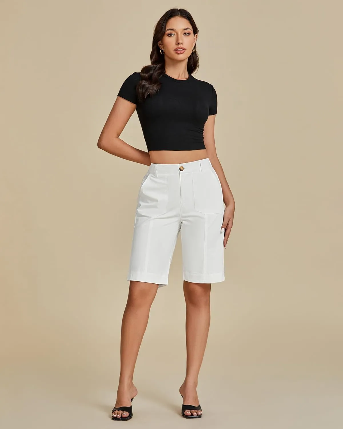 luvamia Bermuda Shorts for Women Knee Length High Waisted Cotton Elastic Wasit Summer Dressy Casual Long Chino Shorts