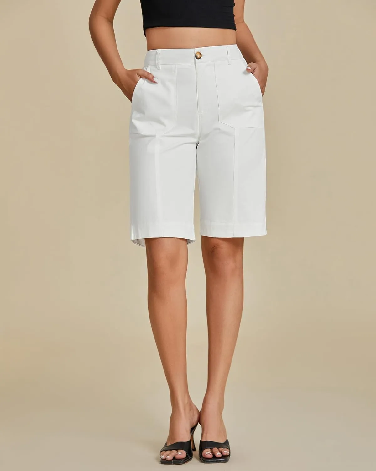 luvamia Bermuda Shorts for Women Knee Length High Waisted Cotton Elastic Wasit Summer Dressy Casual Long Chino Shorts