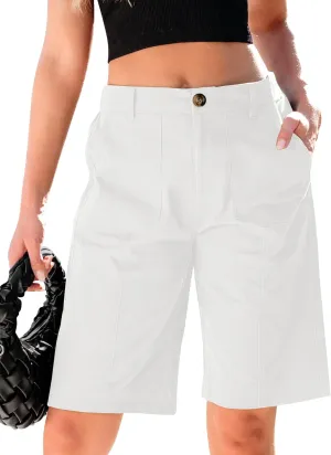 luvamia Bermuda Shorts for Women Knee Length High Waisted Cotton Elastic Wasit Summer Dressy Casual Long Chino Shorts