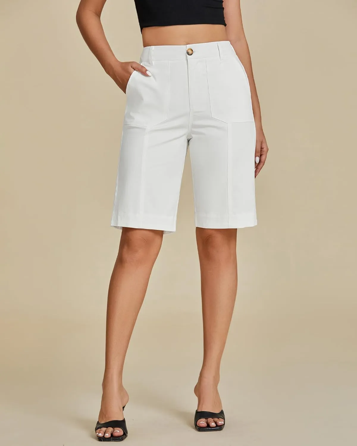 luvamia Bermuda Shorts for Women Knee Length High Waisted Cotton Elastic Wasit Summer Dressy Casual Long Chino Shorts