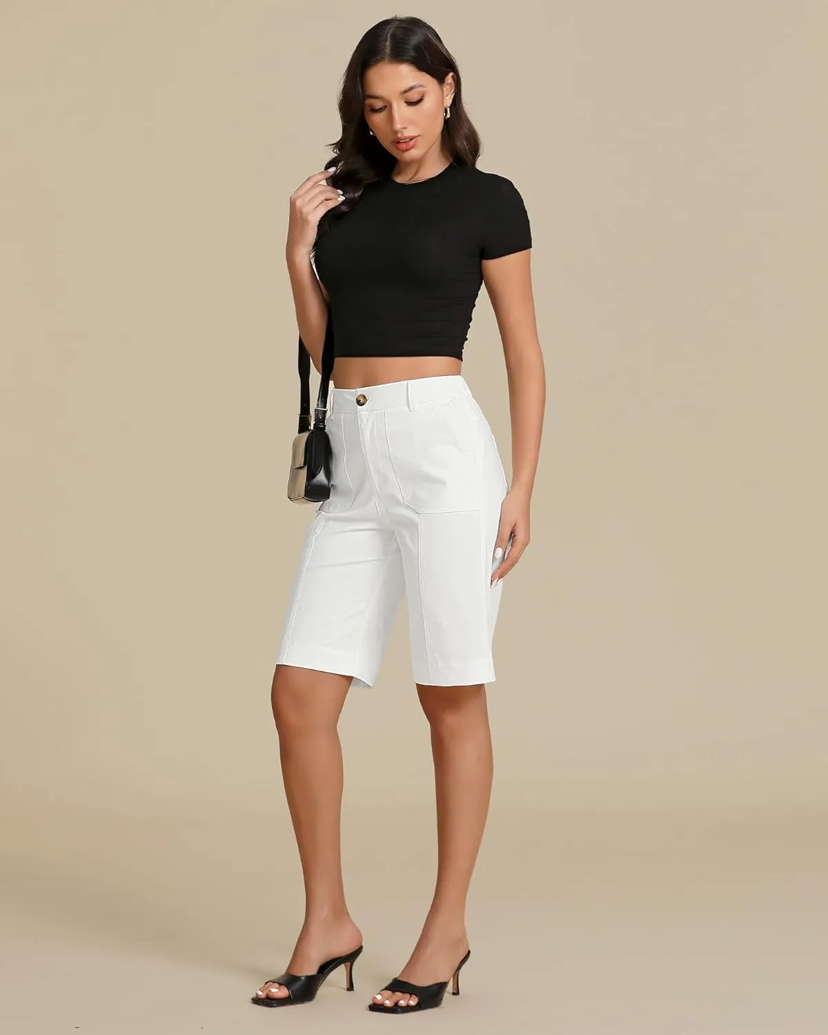 luvamia Bermuda Shorts for Women Knee Length High Waisted Cotton Elastic Wasit Summer Dressy Casual Long Chino Shorts