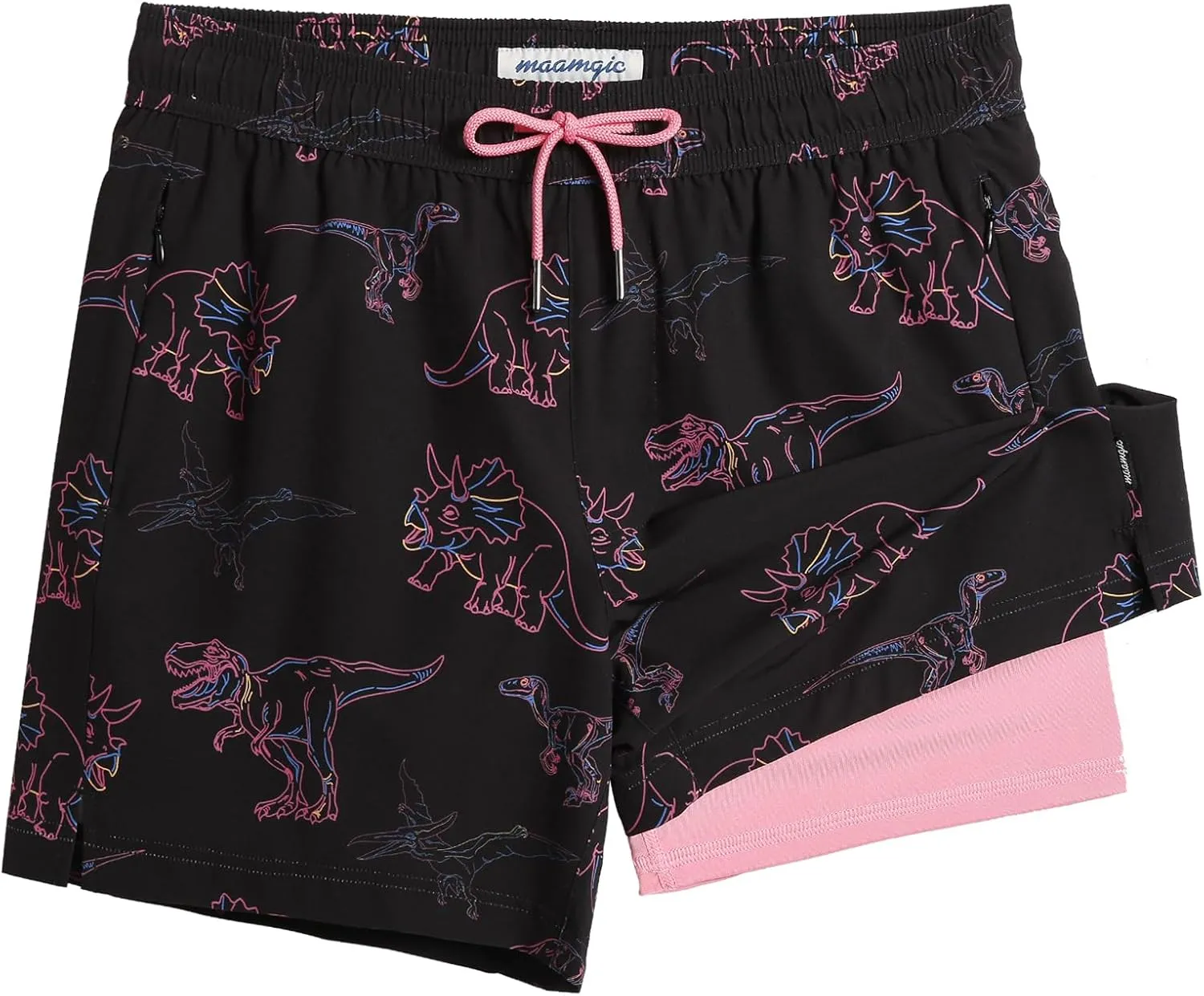 maamgic Mens Swim Trunks with Compression Liner 5" Stretch Beach Shorts Quick Dry with Zipper Pockets No-Chafing Board Shorts