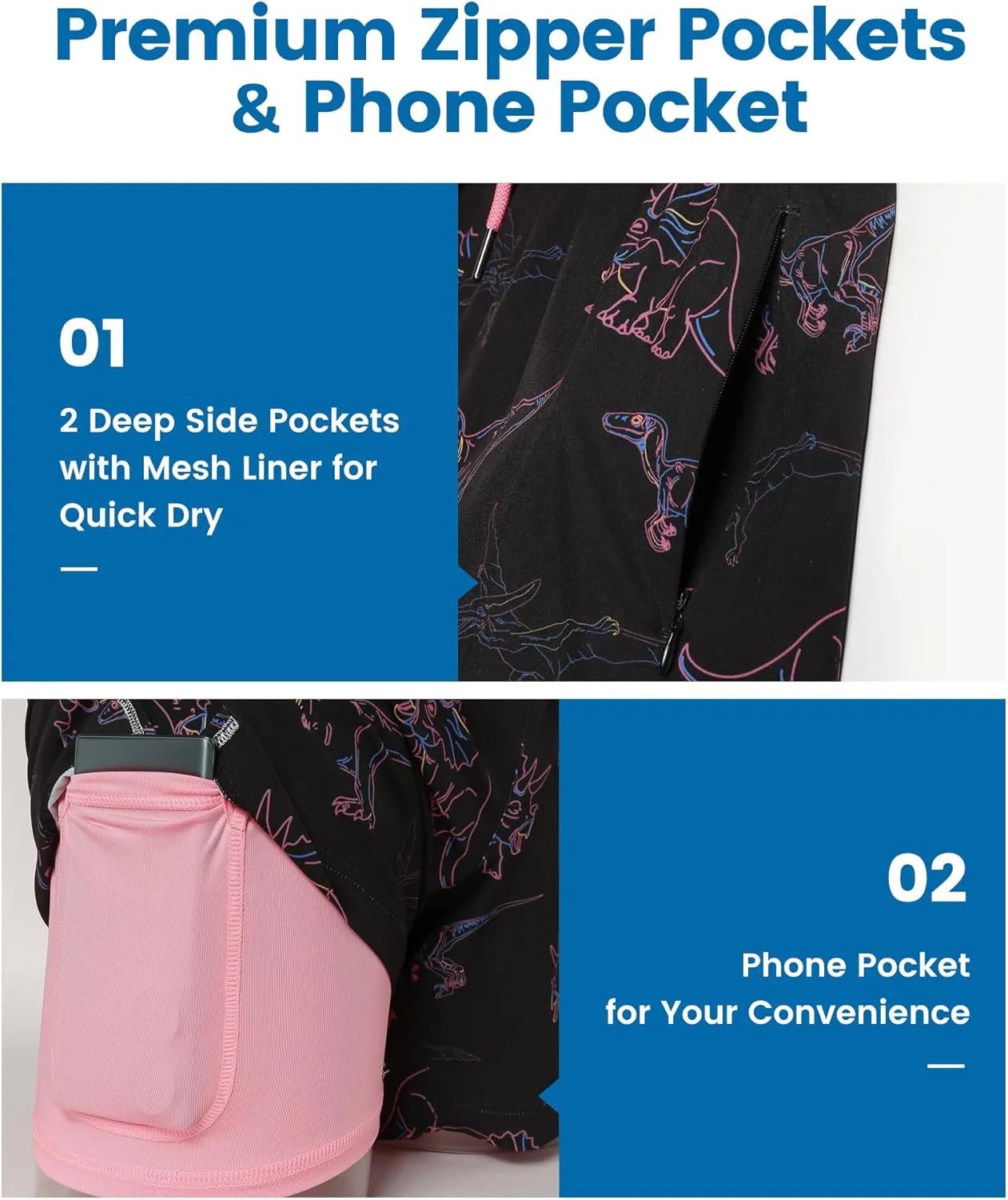 maamgic Mens Swim Trunks with Compression Liner 5" Stretch Beach Shorts Quick Dry with Zipper Pockets No-Chafing Board Shorts