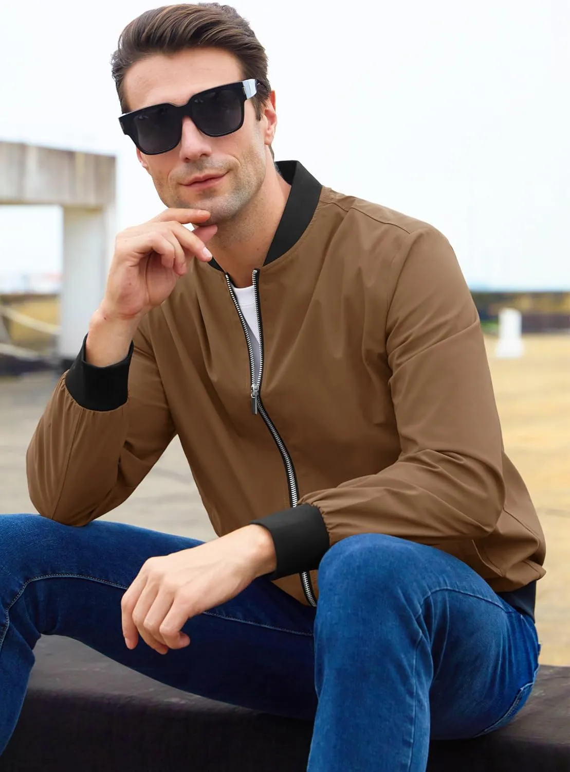 MAGCOMSEN Men's Bomber Jacket Lightweight Casual Zip Up Windbreaker Spring Fall Golf Coat with Pockets