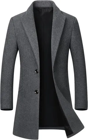 Maiyifu-GJ Men's Mid-Length Single Breasted Coat Notch Lapel Slim Top Pea Coats Winter Windproof Business Trench Overcoat