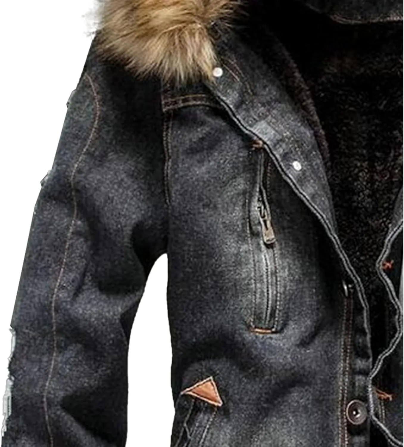 Maiyifu-GJ Men's Sherpa Lined Distressed Denim Jacket Casual Faux Fur Collar Fleece Coat Winter Jeans Trucker Jacket