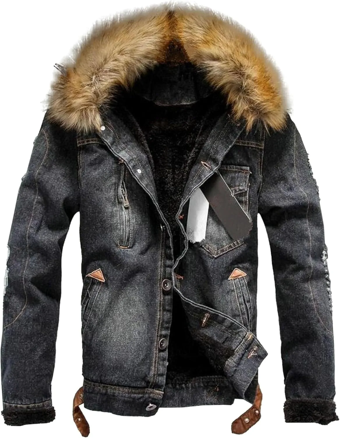Maiyifu-GJ Men's Sherpa Lined Distressed Denim Jacket Casual Faux Fur Collar Fleece Coat Winter Jeans Trucker Jacket
