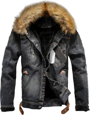 Maiyifu-GJ Men's Sherpa Lined Distressed Denim Jacket Casual Faux Fur Collar Fleece Coat Winter Jeans Trucker Jacket
