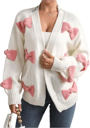 MakeMeChic Women's Bow Open Front Cardigan Sweater Long Sleeve Cute Outerwear