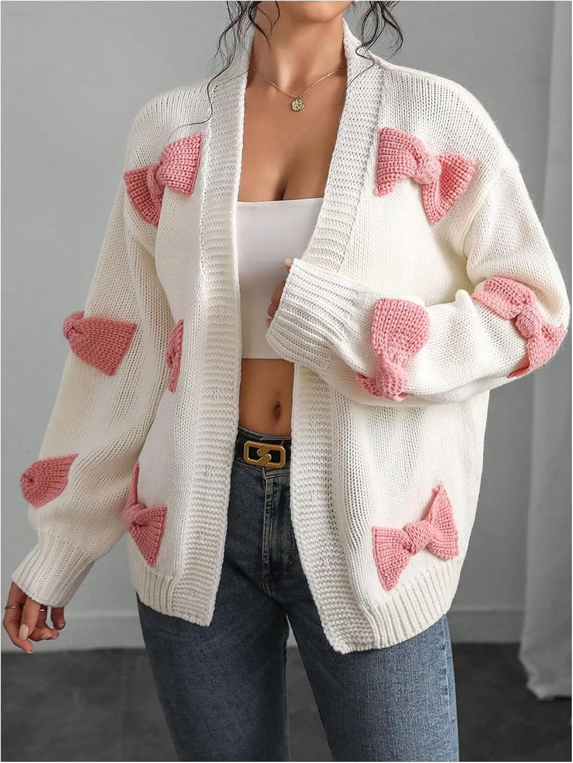 MakeMeChic Women's Bow Open Front Cardigan Sweater Long Sleeve Cute Outerwear