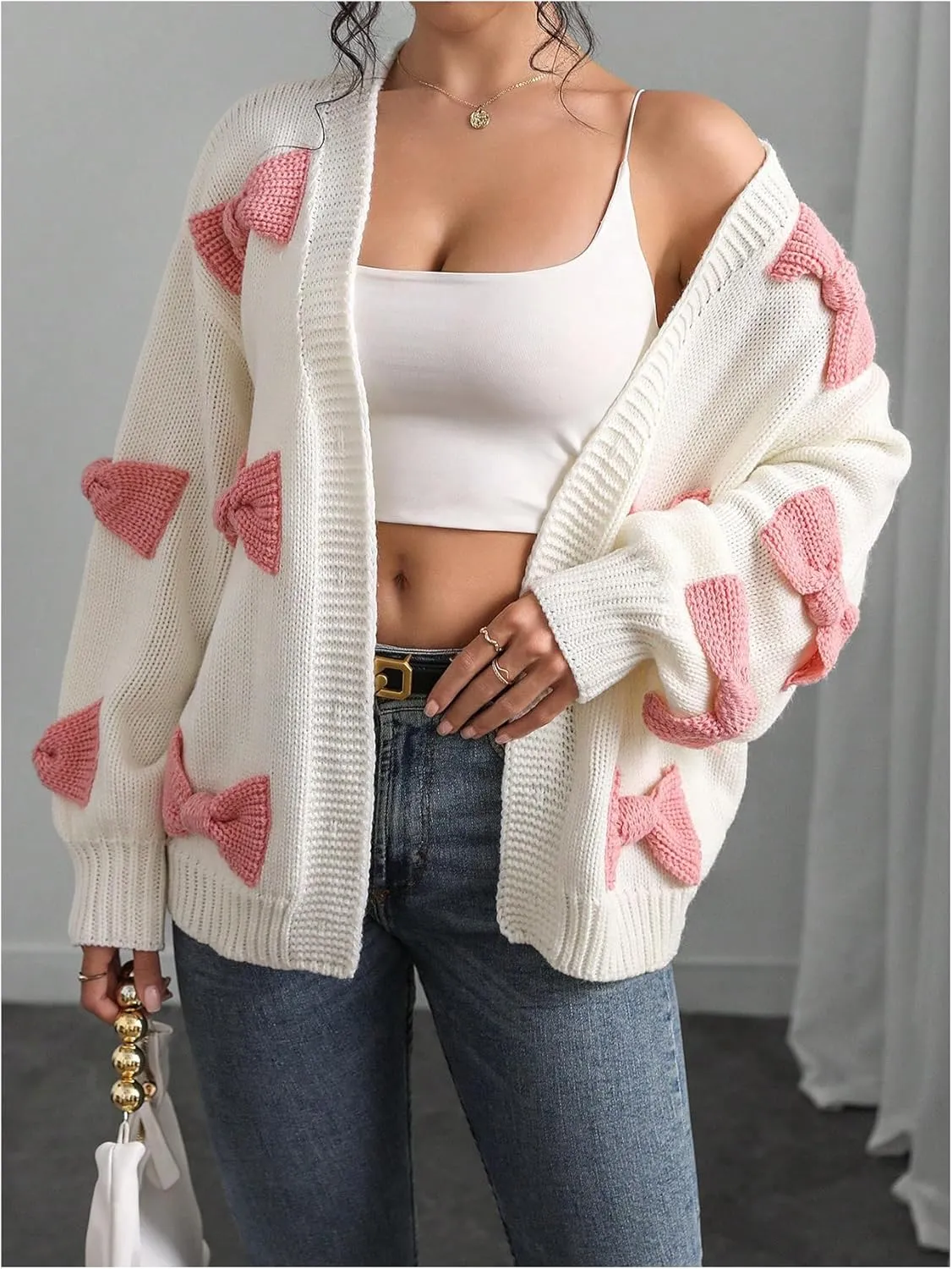 MakeMeChic Women's Bow Open Front Cardigan Sweater Long Sleeve Cute Outerwear