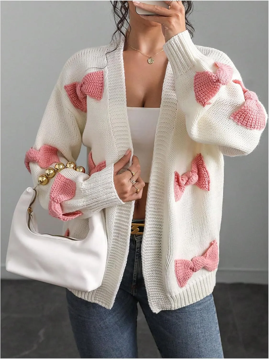 MakeMeChic Women's Bow Open Front Cardigan Sweater Long Sleeve Cute Outerwear