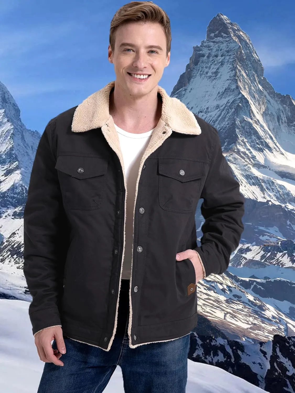 MANSDOUR Men's Winter Cargo Jacket Warm Cotton Fleece lined Sherpa Jackets Military Trucker Work Coat