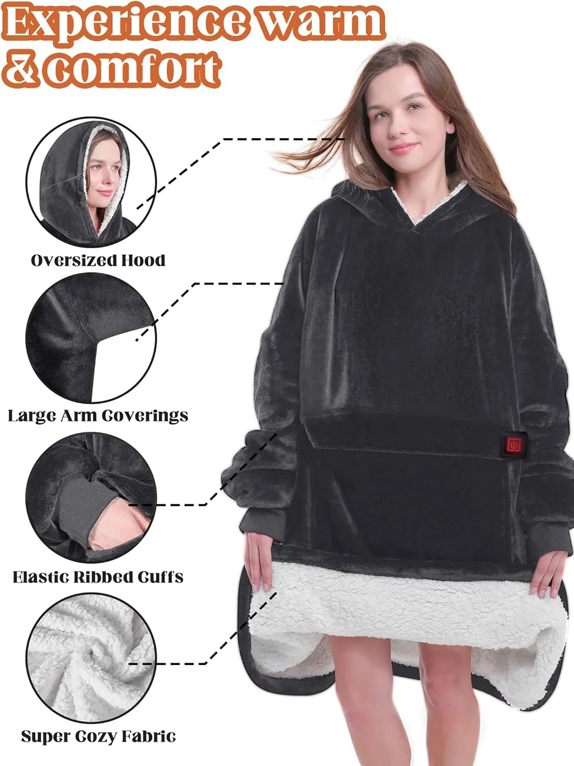 MAXEVE Heated Wearable Blanket Hoodie with Battery Pack 10000mah, Oversized Sherpa Blanket Hoodie for Women Men, Warm Soft Blanket Hoodie Sweatshirt Grey