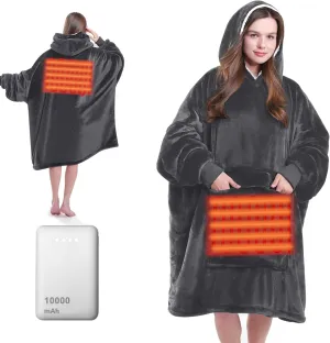 MAXEVE Heated Wearable Blanket Hoodie with Battery Pack 10000mah, Oversized Sherpa Blanket Hoodie for Women Men, Warm Soft Blanket Hoodie Sweatshirt Grey