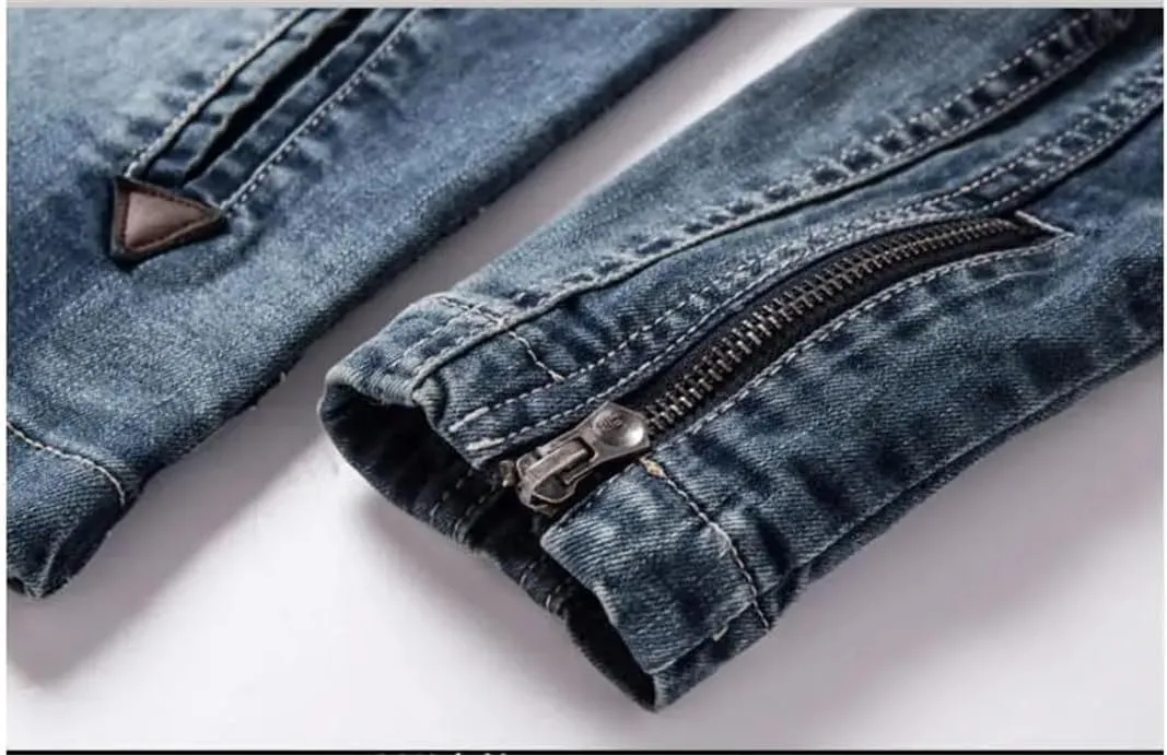 Men Blue Denim Jackets Slim Stand-Up Collar Denim Coats Spring Autumn Stretch Jacket