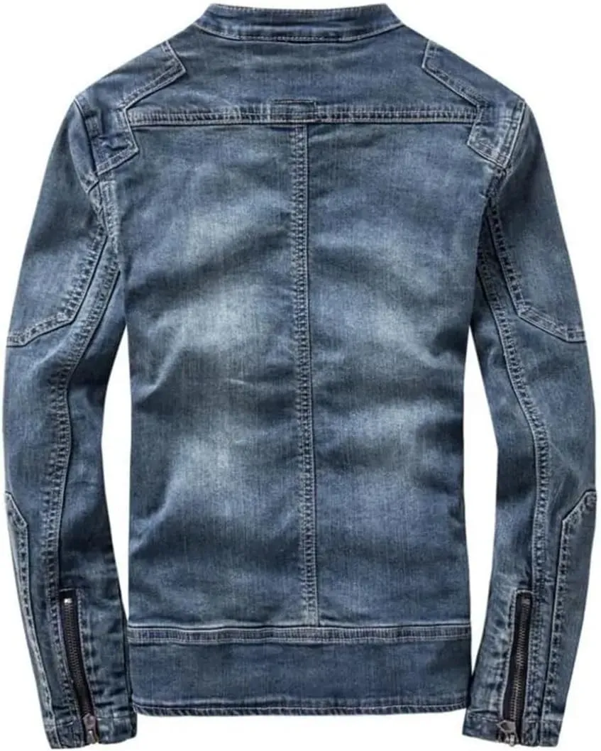 Men Blue Denim Jackets Slim Stand-Up Collar Denim Coats Spring Autumn Stretch Jacket