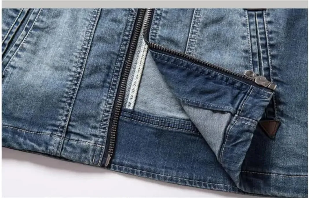 Men Blue Denim Jackets Slim Stand-Up Collar Denim Coats Spring Autumn Stretch Jacket
