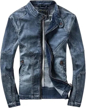 Men Blue Denim Jackets Slim Stand-Up Collar Denim Coats Spring Autumn Stretch Jacket