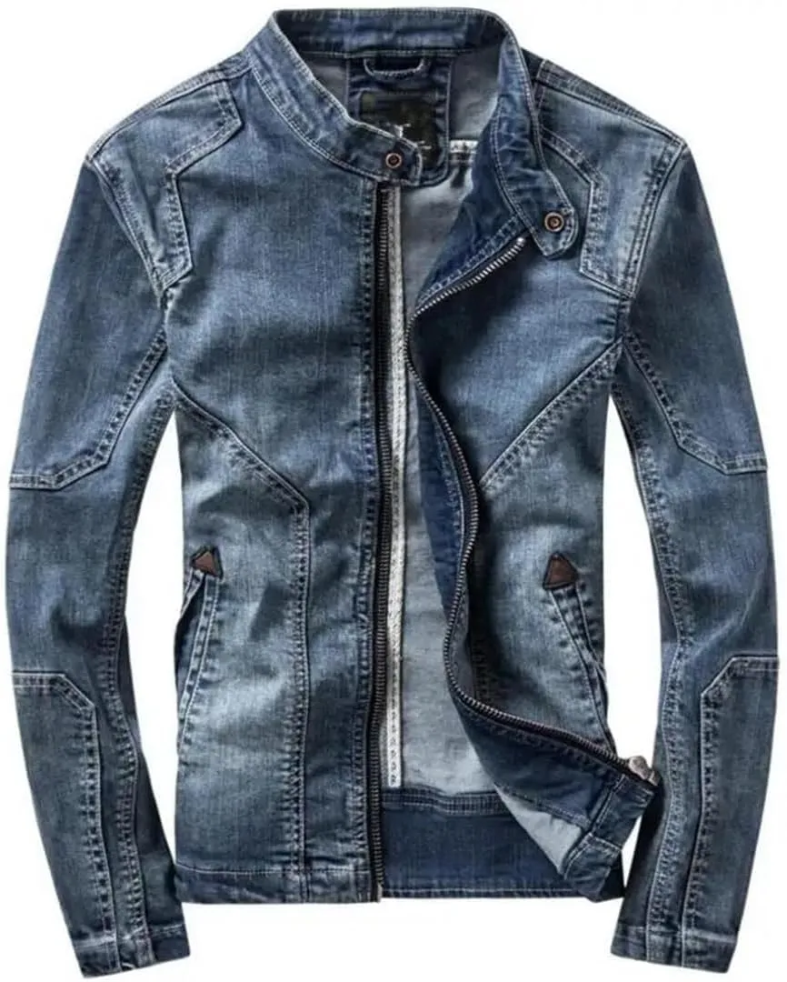 Men Blue Denim Jackets Slim Stand-Up Collar Denim Coats Spring Autumn Stretch Jacket
