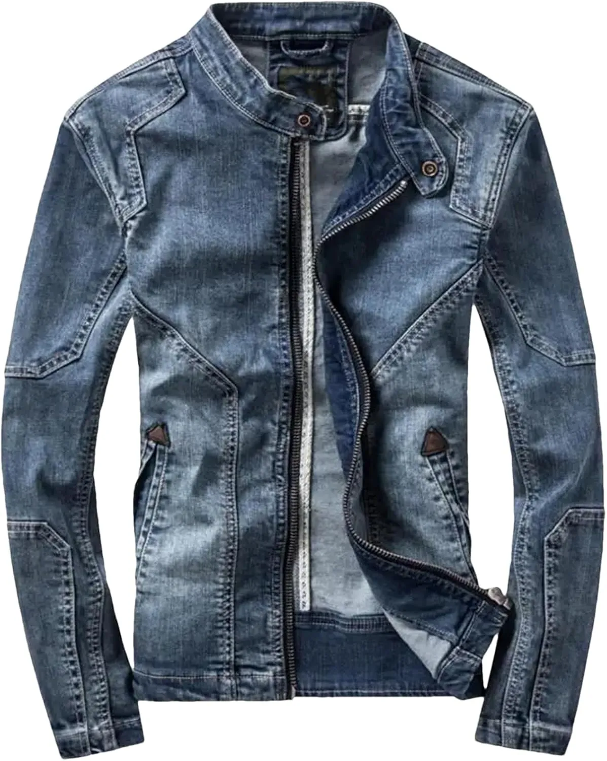 Men Blue Denim Jackets Slim Stand-Up Collar Denim Coats Spring Autumn Stretch Jacket