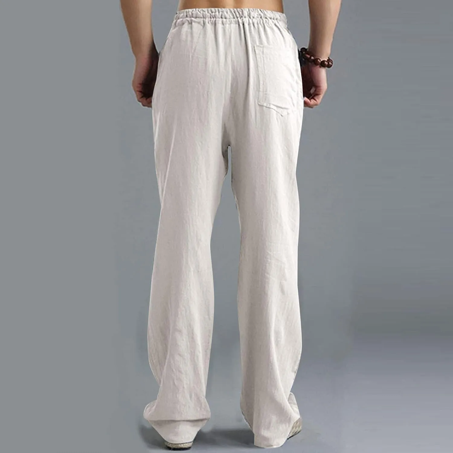 Men Linen Pants Plus Size Solid Beach Vacation Pants Drawstring Waist Lightweight Loose Slacks Summer Casual Trousers