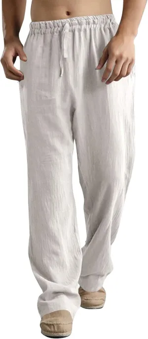 Men Linen Pants Plus Size Solid Beach Vacation Pants Drawstring Waist Lightweight Loose Slacks Summer Casual Trousers