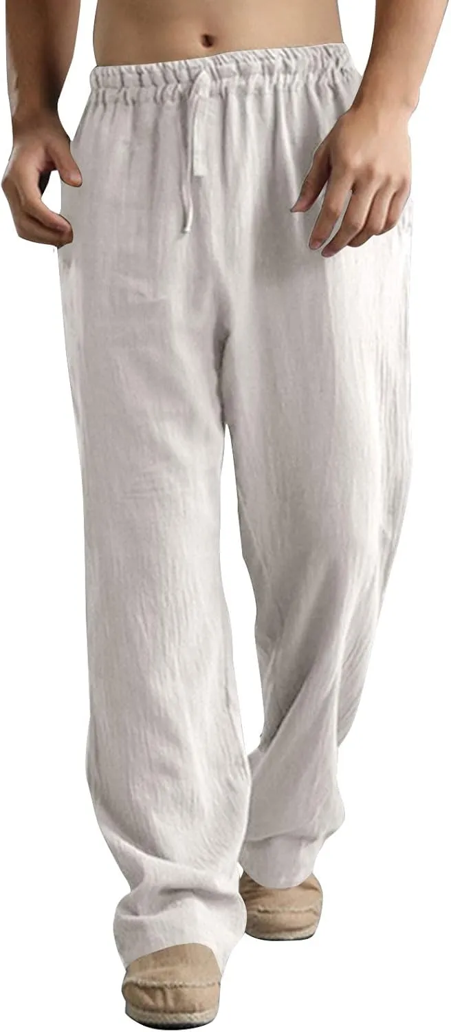 Men Linen Pants Plus Size Solid Beach Vacation Pants Drawstring Waist Lightweight Loose Slacks Summer Casual Trousers