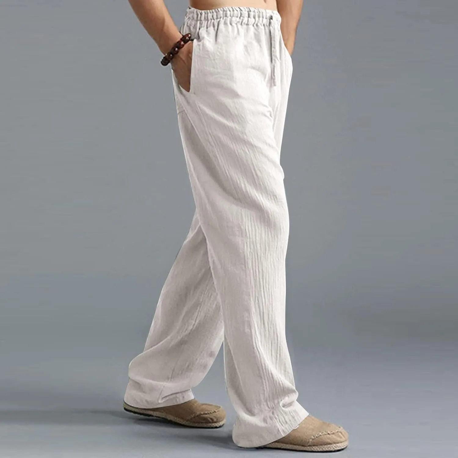 Men Linen Pants Plus Size Solid Beach Vacation Pants Drawstring Waist Lightweight Loose Slacks Summer Casual Trousers