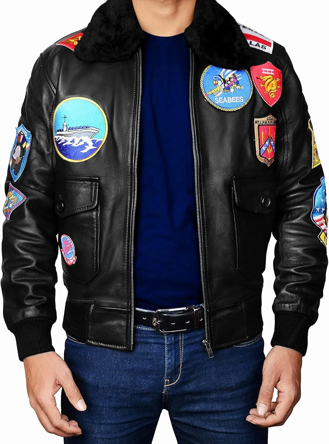 Mens Aviator Bomber Style Flight Fighter Pilot Jacket Removable Fur Collar With Aviation Patches Jacket