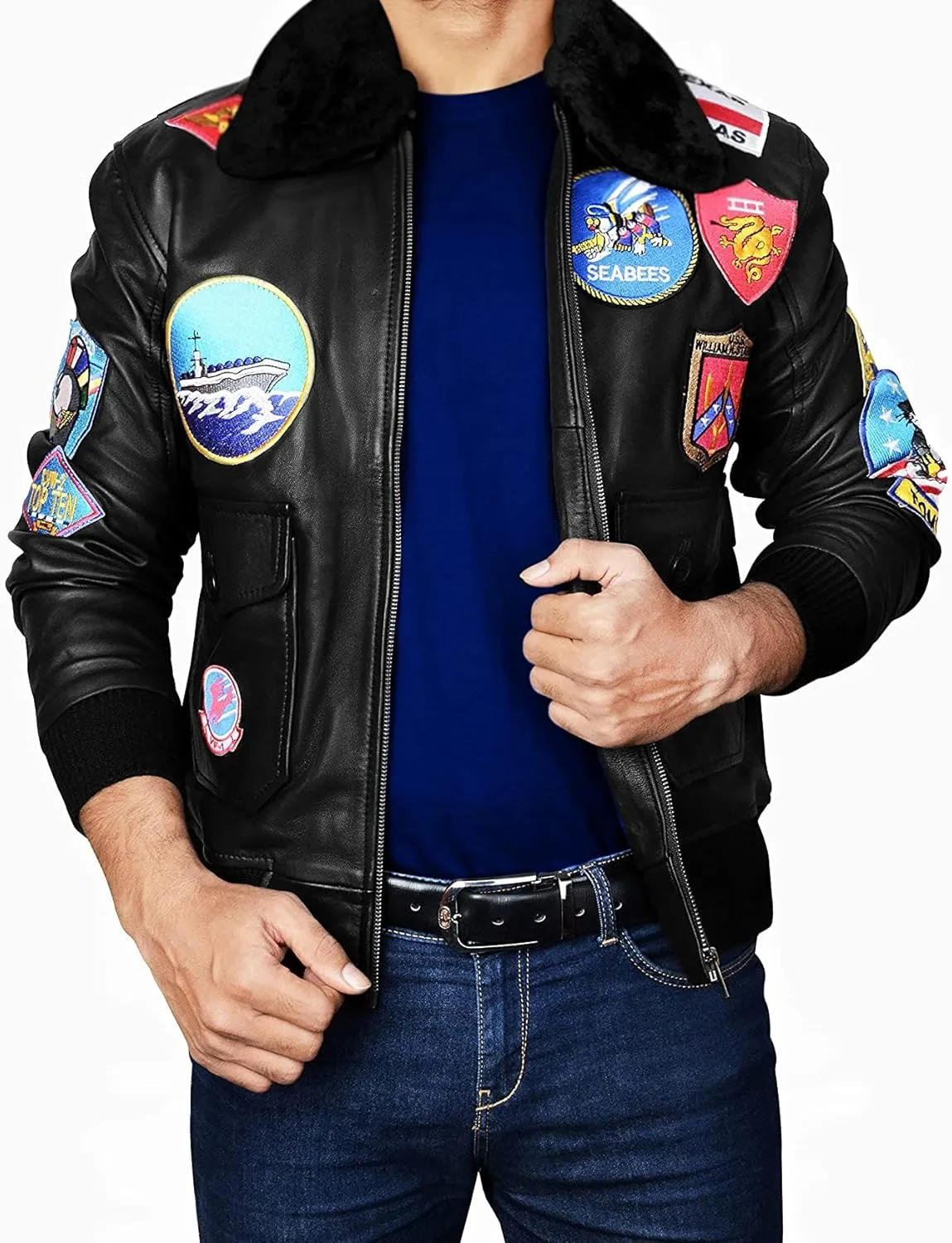 Mens Aviator Bomber Style Flight Fighter Pilot Jacket Removable Fur Collar With Aviation Patches Jacket